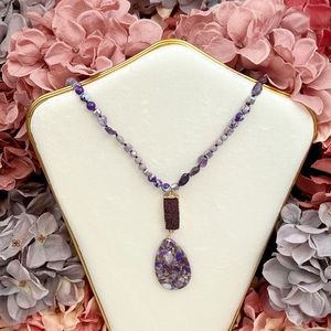 Stunning Natural Russian Charoite Pendant Beaded Necklace & Druzy Stone